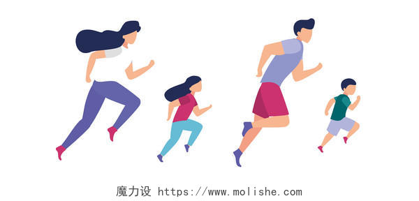 全民健身日卡通手绘女士男士小孩跑步运动原创插画素材